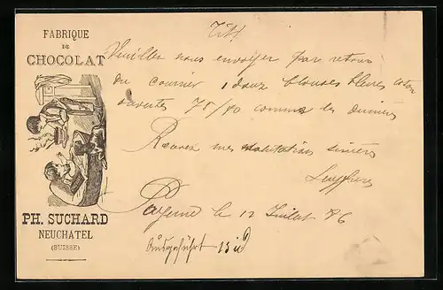 Vorläufer-AK Neuchatel, 1886, Fabrique de Chocolat Ph. Suchard, Kind wird heisse Schokolade dargereicht