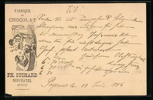 Vorläufer-AK Neuchatel, 1886, Fabrique de Chocolat Ph. Suchard, Kind wird heisse Schokolade dargereicht