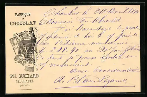 Vorläufer-AK Neuchatel, 1884, Fabrique de Chocolat Ph. Suchard, Kinder zersägen eine Tafel Schokolade