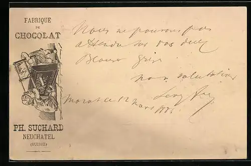 Vorläufer-AK Neuchatel, 1886, Fabrique de Chocolat Ph. Suchard, Kinder teilen die Tafel Schokolade mit einer Gestellsäge