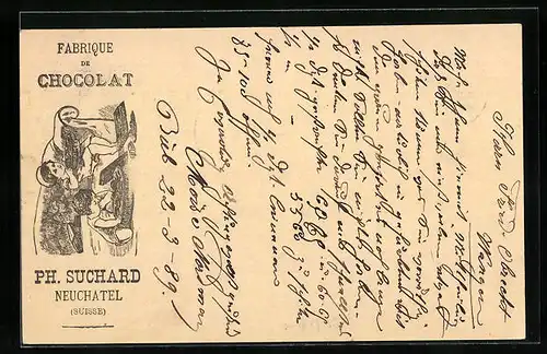 Vorläufer-AK Neuchatel, 1889, Fabrique de Chocolat Ph. Suchard, Kinder naschen von den Pralinen