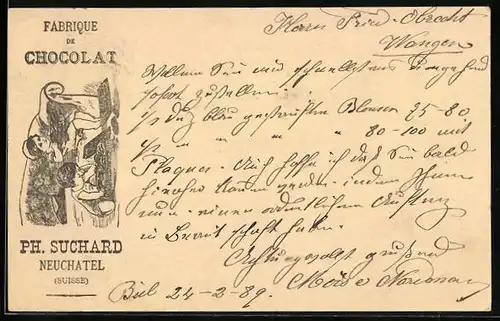Vorläufer-AK Neuchatel, 1889, Fabrique de Chocolat Ph. Suchard, Kinder naschen von den Pralines