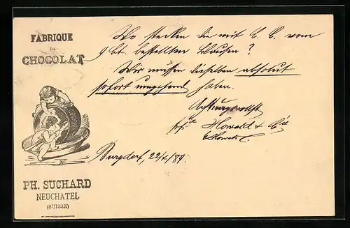 Vorläufer-AK Neuchatel, 1889, Fabrique de Chocolat Ph. Suchard, Kinder kratzen den Schokoladentopf aus