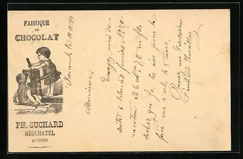 Vorläufer-AK Neuchatel, 1889, Fabrique de Chocolat Ph. Suchard, Kind rührt Schokolade