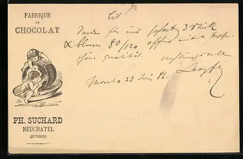 Vorläufer-AK Neuchatel, 1886, Fabrique de Chocolat Ph. Suchard, Kinder kratzen den Schokoladentopf aus