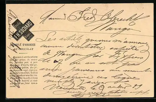 Vorläufer-AK Neuchatel, 1889, Fabrique de Chocolat Ph. Suchard, Soufflé D`Amandes au Chocolat