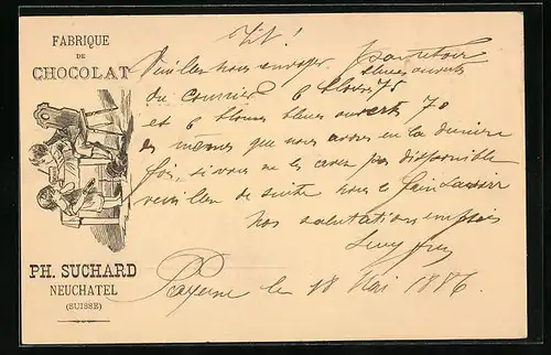 Vorläufer-AK Neuchatel, 1886, Fabrique de Chocolat Ph. Suchard, Kindern ist ein Malheur passiert