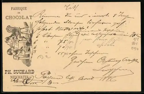 Vorläufer-AK Neuchatel, 1886, Fabrique de Chocolat Ph. Suchard, Kindern ist ein Malheur passiert