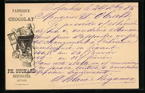 Vorläufer-AK Neuchatel, 1885, Fabrique de Chocolat Ph. Suchard, Kinder zerteilen Schokolade mit einer Gestellsäge