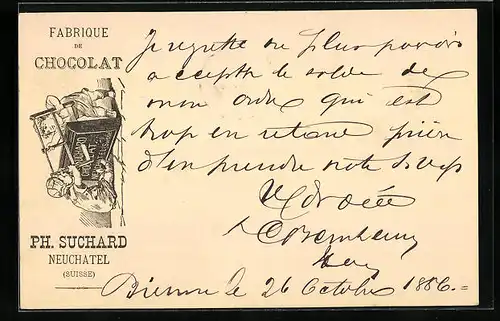 Vorläufer-AK Neuchatel, 1886, Fabrique de Chocolat Ph. Suchard, Kinder teilen die Tafel Schokolade mit einer Gestellsäge