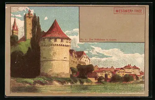 AK Luzern, Teilansicht mit Nöllithurm, Reklame für Messmers Tee