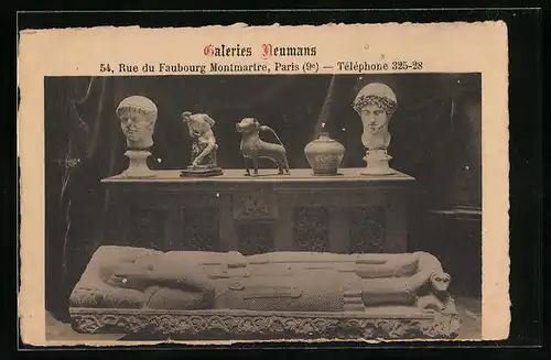AK Paris, Galeries Neumans, Antiquitätenhandel mit Sarkophag