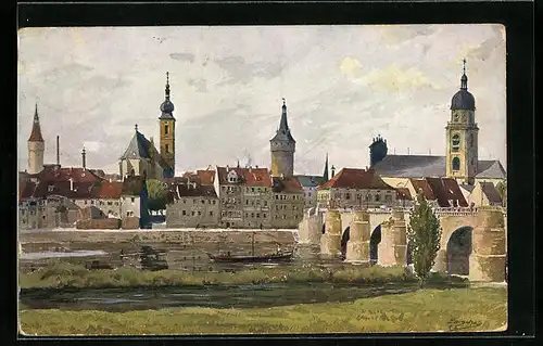 Künstler-AK Kitzingen am Main, Ortsansicht vom anderen Mainufer aus