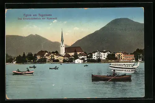 AK Egern am Tegernsee, Ortsansicht mit Ruderbooten