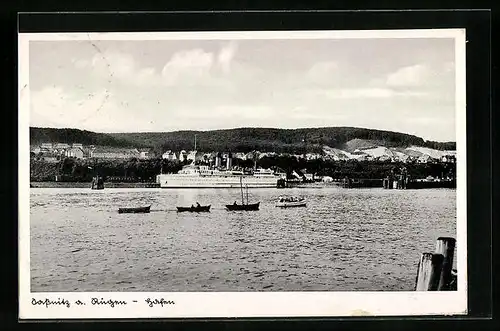 AK Sassnitz auf Rügen, Hafenpartie mit Dampfer