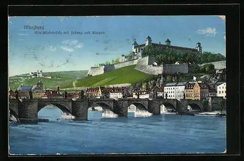 AK Würzburg, Alte Mainbrücke mit Festung und Käppele