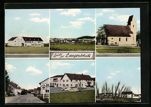AK Langenbruck b. Pfaffenhofen, Gasthof Fröhlich, Aral-Tankstelle, Kirche