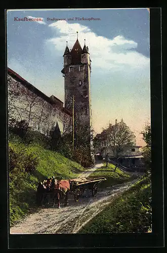 AK Kaufbeuren, Stadtmauer und Fünfknopfturm