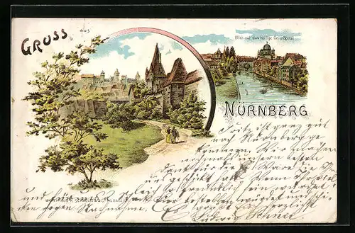 Lithographie Nürnberg, Blick auf das heilige Geist Spital