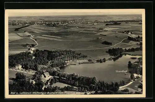 AK Buxheim, Totalansicht mit Strandbad & Gasthof Weiherhaus, Fliegeraufnahme