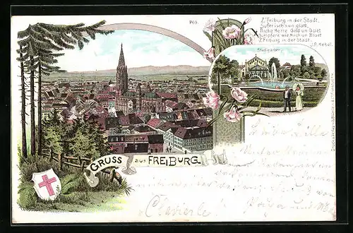 Lithographie Freiburg, Totalansicht, Stadlgarten