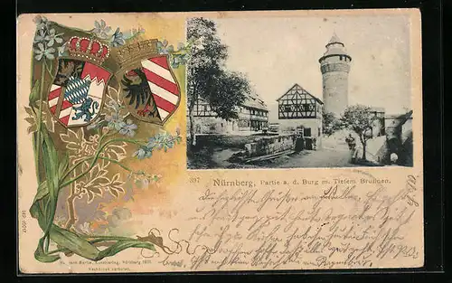 Passepartout-Lithographie Nürnberg, Partie a.d. Burg mit Tiefem Brunnen, Wappen