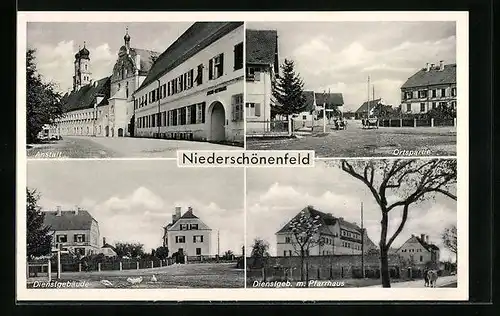 AK Niederschönenfeld, Ortspartie, Anstalt, Dienstgebäude mit Pfarrhaus