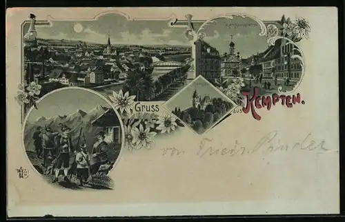 Mondschein-Lithographie Kempten, Totalansicht, Rathausplatz