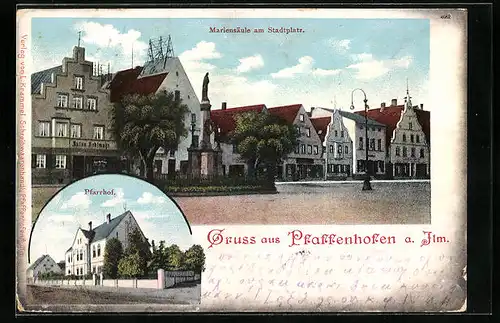 AK Pfaffenhofen a. Ilm, Geschäft und Mariensäule am Stadtplatz, Pfarrhof