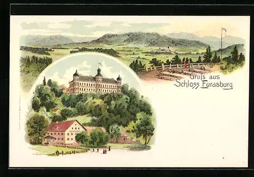 Lithographie Eurasburg /Bayern, Gasthof mit Schloss Eurasburg, Panorama