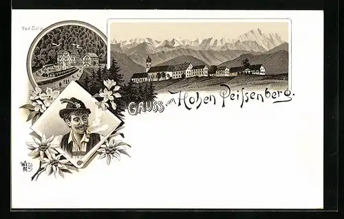 Lithographie Hohen Peissenberg, Hotel Bad Sulz, Teilansicht, Mann in Tracht