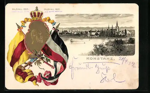 Passepartout-Lithographie Konstanz, Uferpartie mit Kirche, Portrait mit Fahnen, 1852-1902
