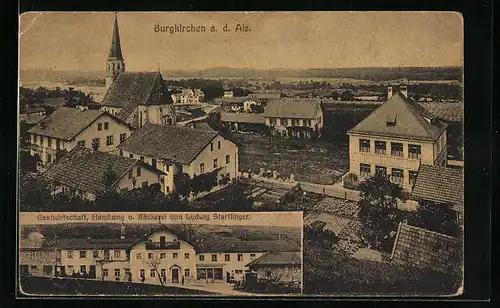 AK Burgkirchen a. d. Alz, Gastwirtschaft, Handlung u. Bäckerei von Ludwig Starflinger, Teilansicht mit Kirche