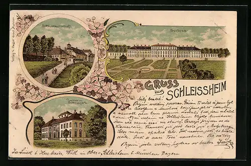 Lithographie Schleissheim, Schlosswirtschaft, Schloss, Pavillon im Schlosspark