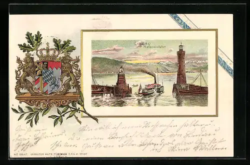 Passepartout-Lithographie Lindau, Hafeneinfahrt mit Dampfer, Wappen