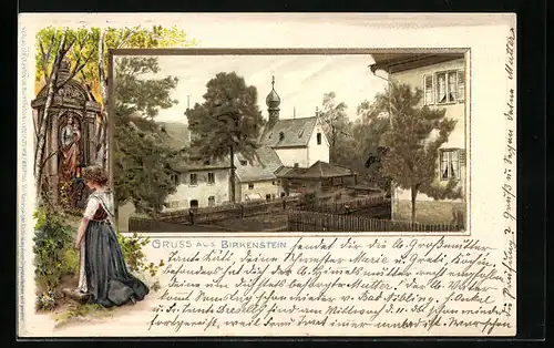 Passepartout-Lithographie Birkenstein, Ortspartie mit Kirche