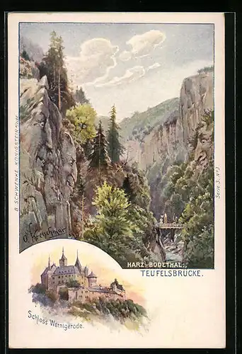 Lithographie Schwenke Ser. 3 Nr. 3, Wernigerode, Schloss Wernigerode, Teufelsbrücke, Berggesichter