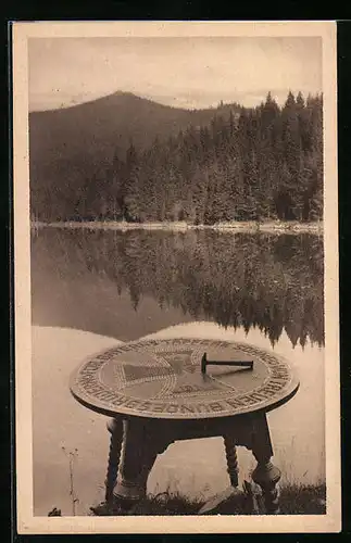 AK Bayerisch Eisenstein /Arbersee, Eiserner Kreuz-Tisch mit Seeblick, Kriegshilfe, Nagelung