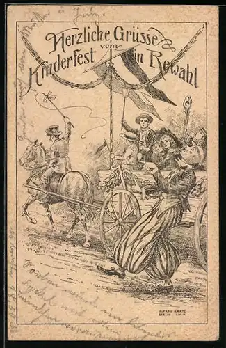AK Rewahl, Kinderfest, Holzkutsche mit feiernden Kindern