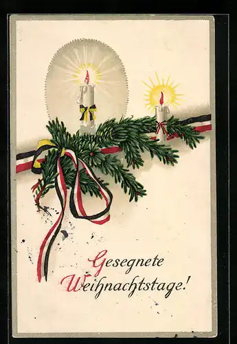 AK Gesegnete Weihnachtstage, Tannenzweig mit Kerzen und Reichsfahnenband