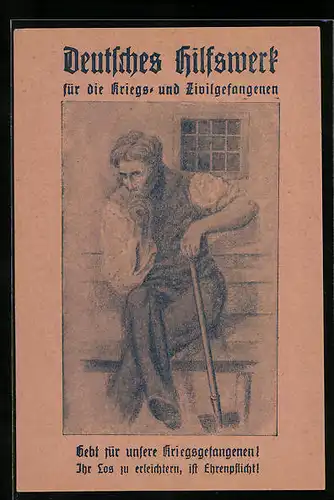 AK Deutsches Hilfswerk für die Kriegs- und Zivilgefangenen, Mann in Zivil auf einer Bank