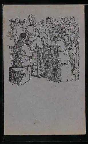 Künstler-AK Kriegsgefangene beim Musizieren