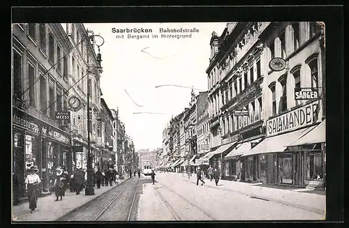 AK Saarbrücken, Bahnhofstrasse mit Bergamt im Hintergrund