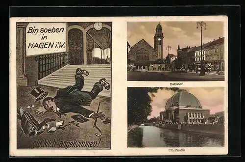 AK Hagen i. W., Bahnhof und Stadthalle