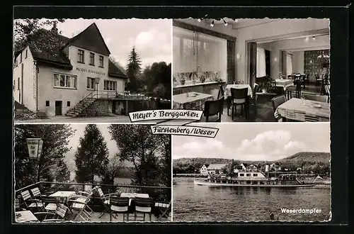 AK Fürstenberg /Weser, Drei Ansichten vom Gasthof Meyer`s Berggarten und Wasserdampfer