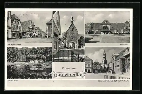 AK Quakenbrück, Langestrasse, Ehrenhain, Bahnhof, Blick auf die St. Sylvester-Kirche