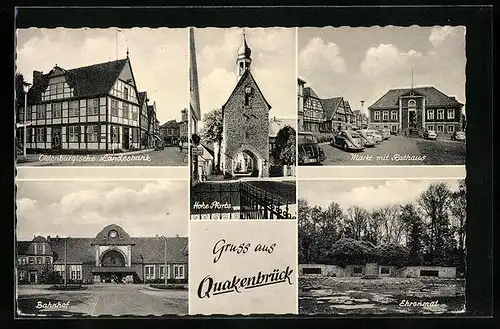 AK Quakenbrück, Bahnhof, Oldenburgische Landesbank, Hohe Pforte, Markt mit Rathaus, Ehrenmal
