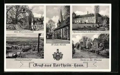 AK Northeim, Gesamtansicht, am Bleichenwall, St. Sixti Kirche, Meisterschule d. Schlosserhandwerks, an der Rhume