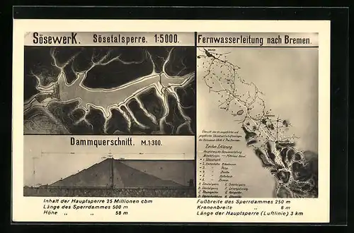 AK Osterode am Harz, Karte mit Sösetalsperre, Dammquerschnitt und Fernwasserleitung nach Bremen