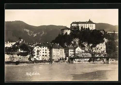 AK Kufstein, Uferpartie mit Brücke